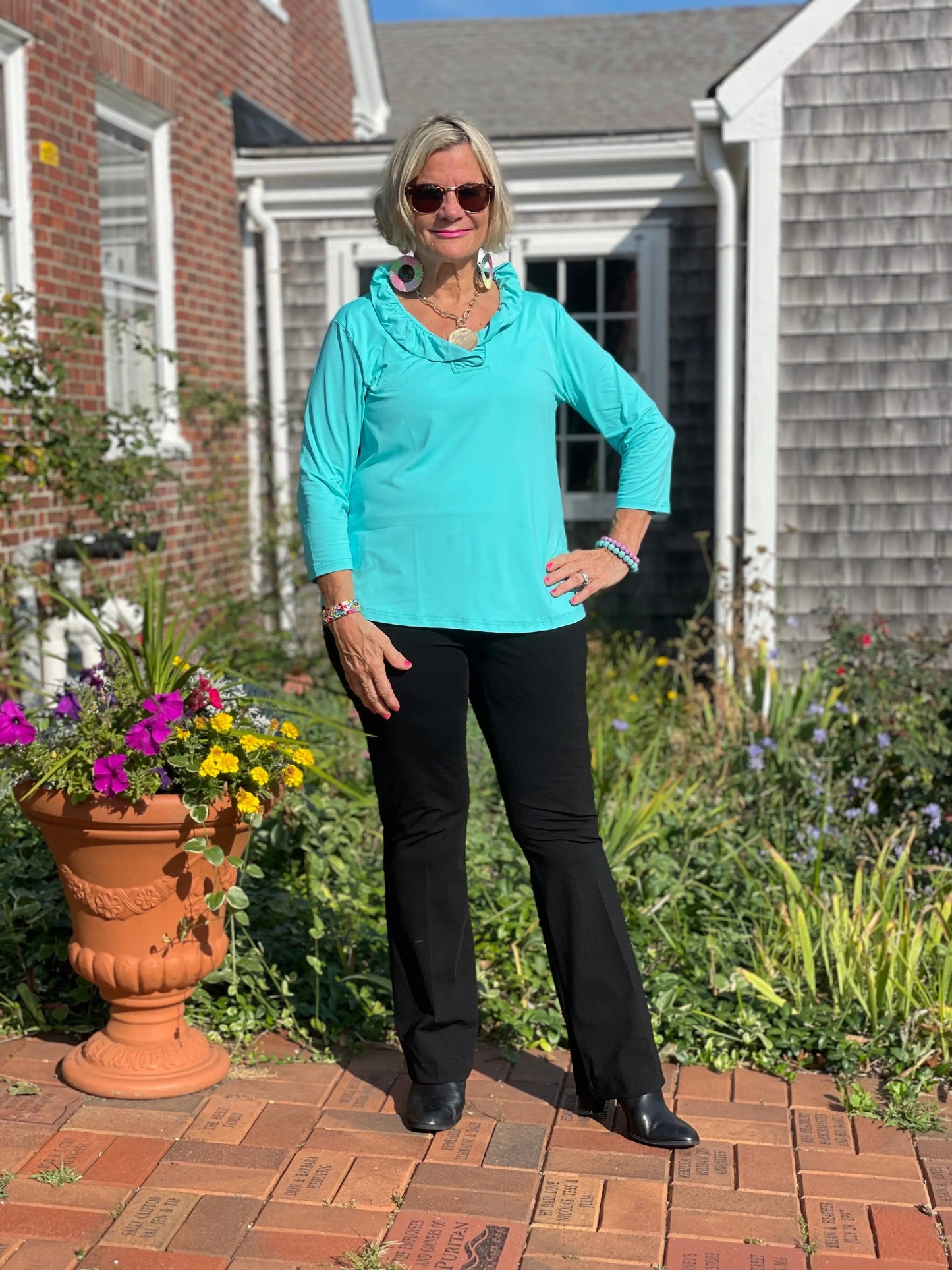 LULU-B SOLID AQUA RUFFLE TOP