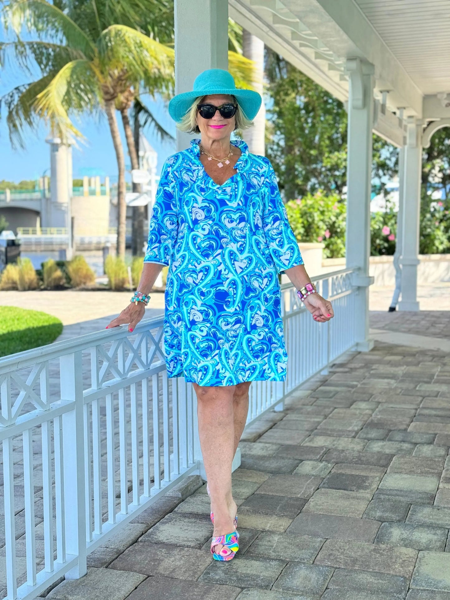 BLUE DREAMING HEART RUFFLE NECK DRESS