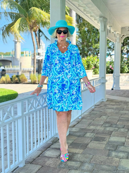 BLUE DREAMING HEART RUFFLE NECK DRESS