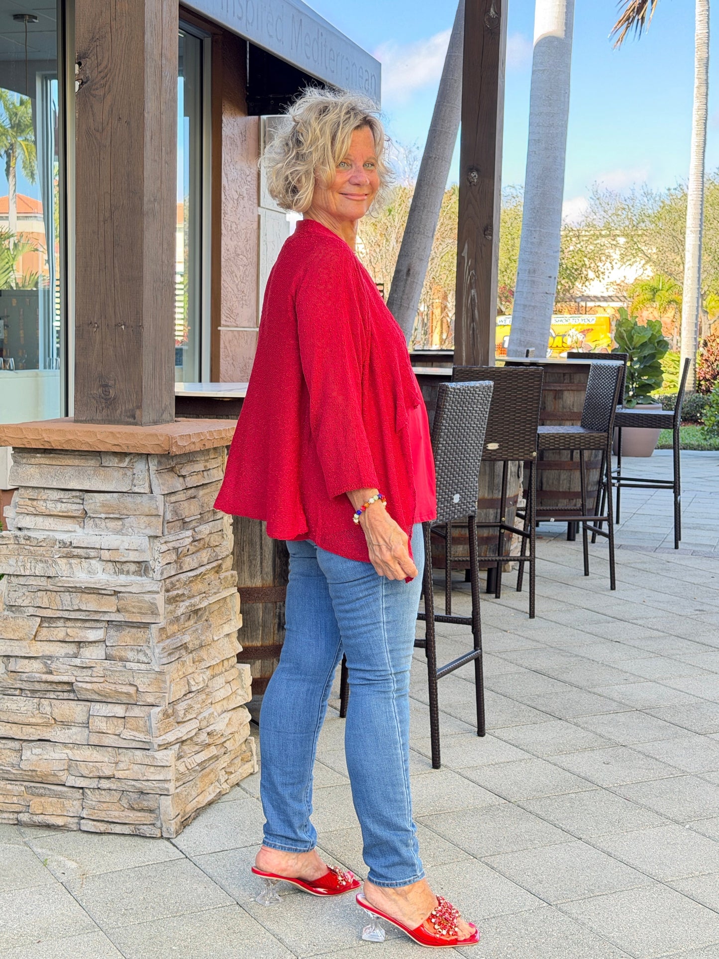 LULU B RED MESH RUFFLE  WRAP
