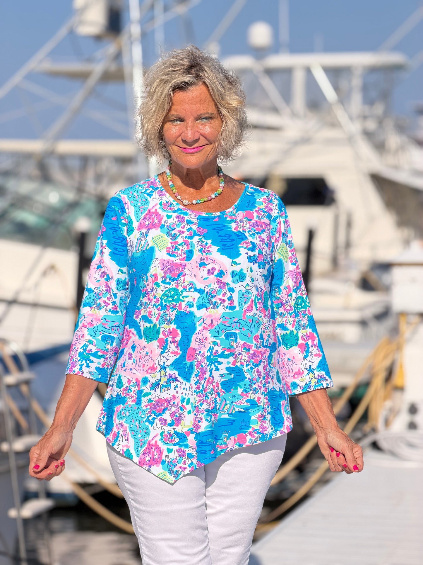 LULU B PALM BEACH SPLASH ASYMMETRIC TOP