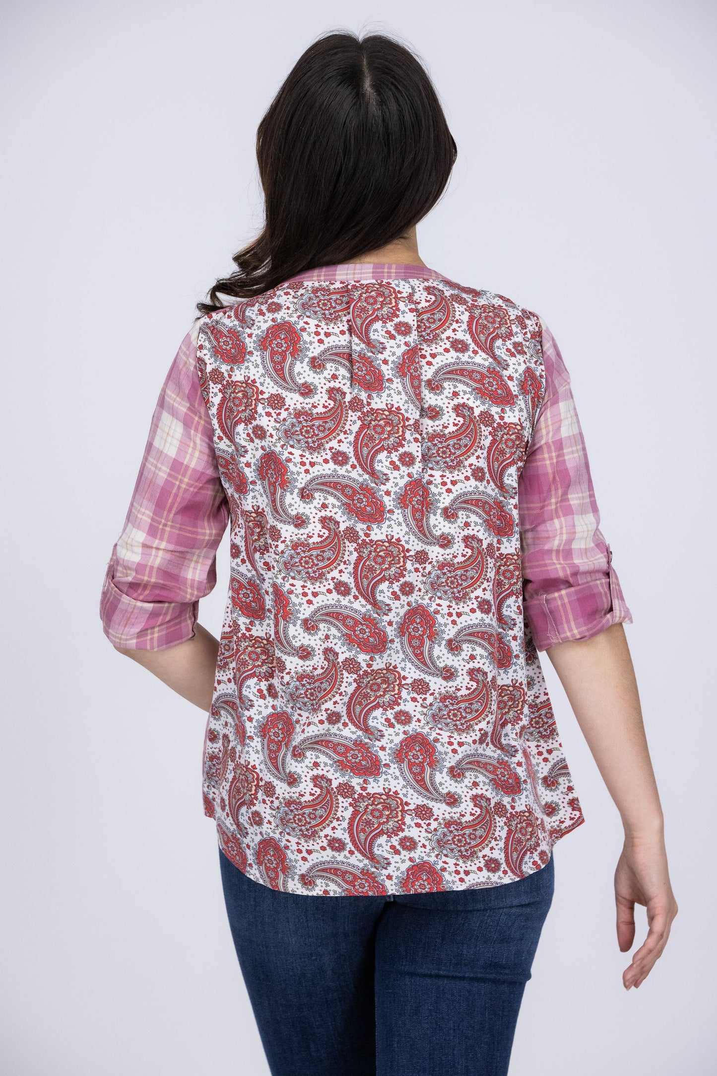 Pretty Coming And Going Women's Embroidered Button Tab Roll Sleeve Top