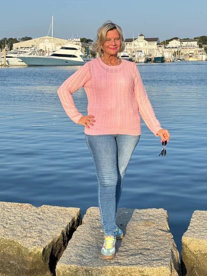 Cable-Knit Cotton PINK  V-Neck Sweater