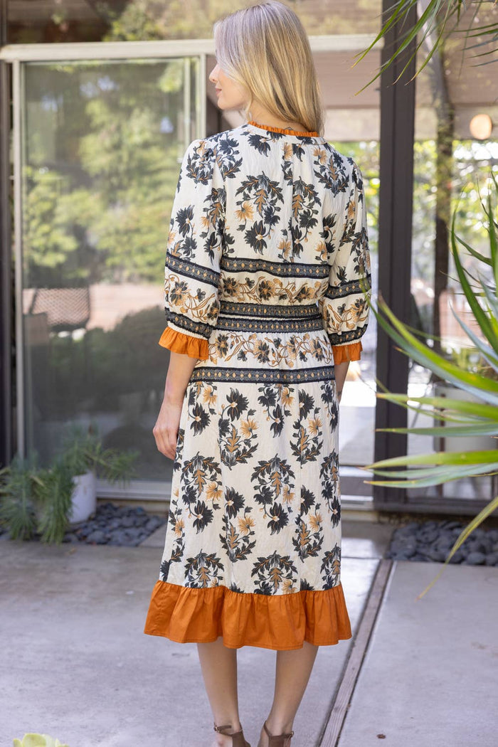 35864 Contrast Ruffled Cuff and Hem Floral Boarder Midi Dres: Cream / M