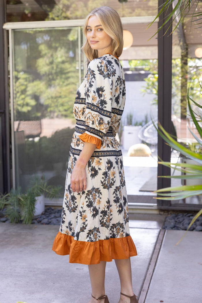 35864 Contrast Ruffled Cuff and Hem Floral Boarder Midi Dres: Cream / M