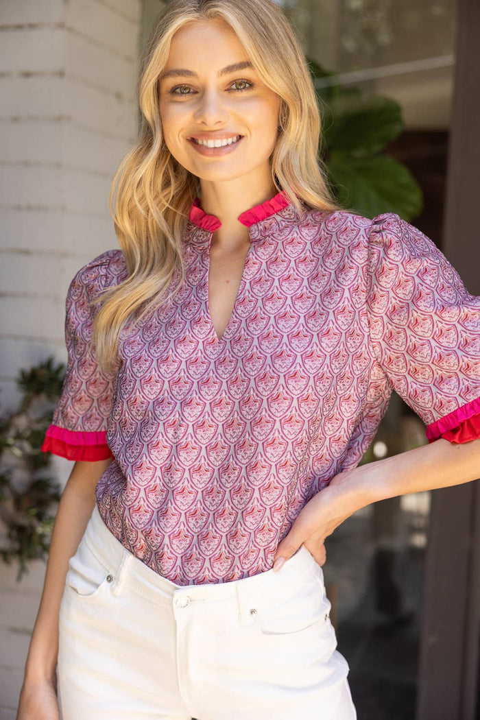 35883 Jacqaurd Petal Print Contrast Ruffle Top: Mauve / M