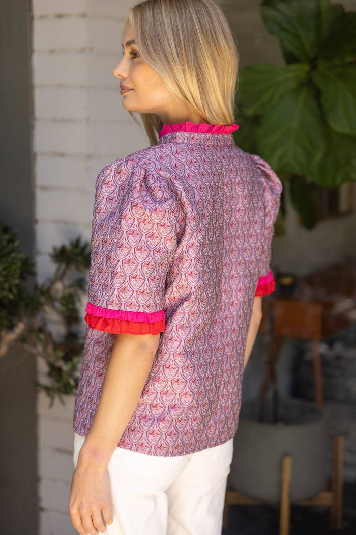 35883 Jacqaurd Petal Print Contrast Ruffle Top: Mauve / S