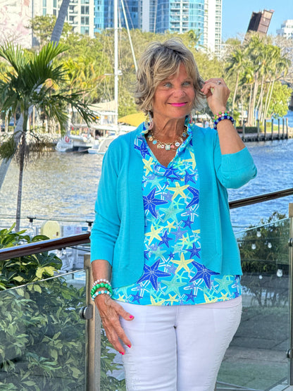 LULU B STARFISH SPLASH SLEEVELESS RUFFLE TOP