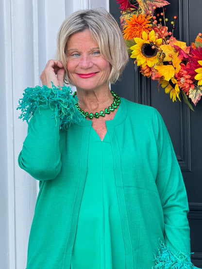 LULU-B EMERALD CASHMERE FRINGE FANCY CARDIGAN