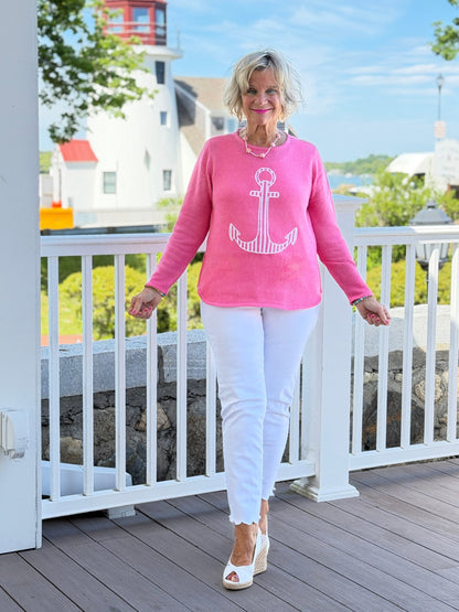 DOCKSIDE NAUTICAL PINK STRIPE ANCHOR SWEATER