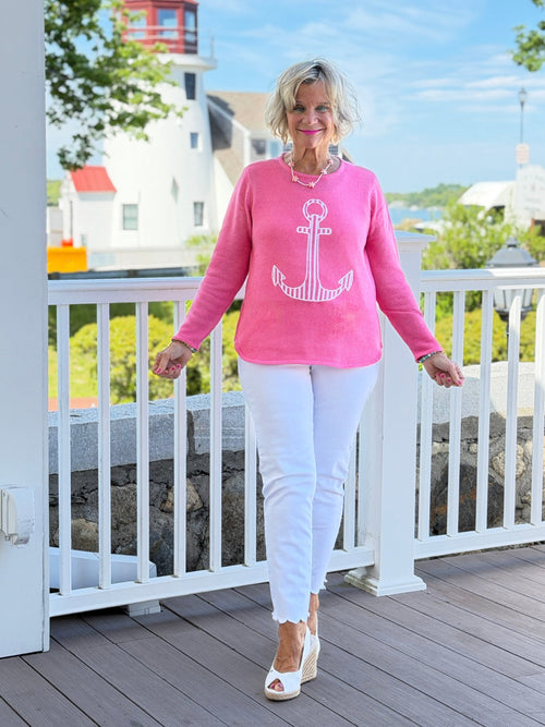 DOCKSIDE NAUTICAL PINK STRIPE ANCHOR SWEATER