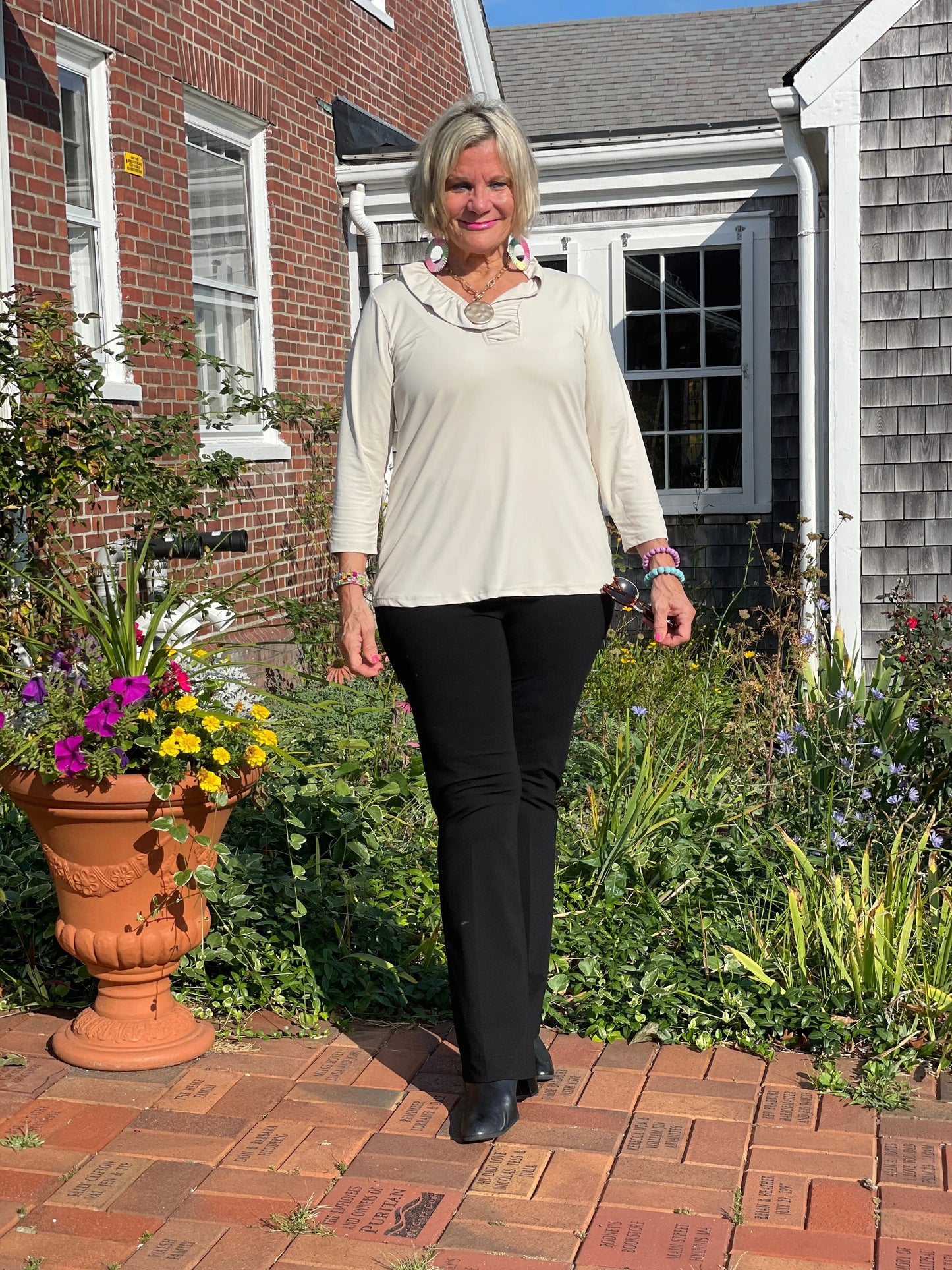 LULU-B SOLID STONE RUFFLE TOP