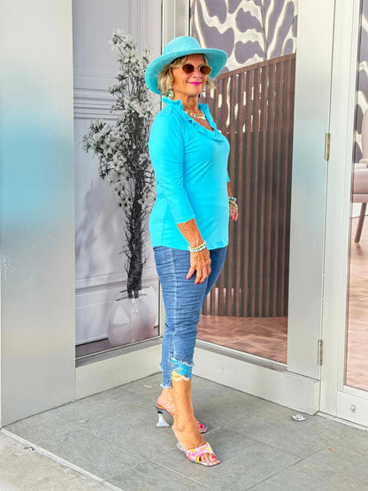 AQUA 3/25 SLEEVE RUFFLE TOP