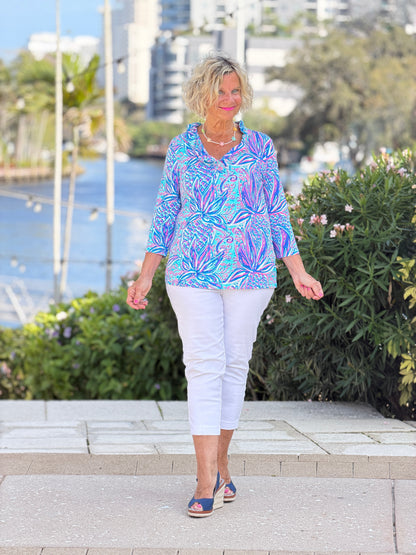 LULU B PALM ROYALE RUFFLE SLEEVE TOP