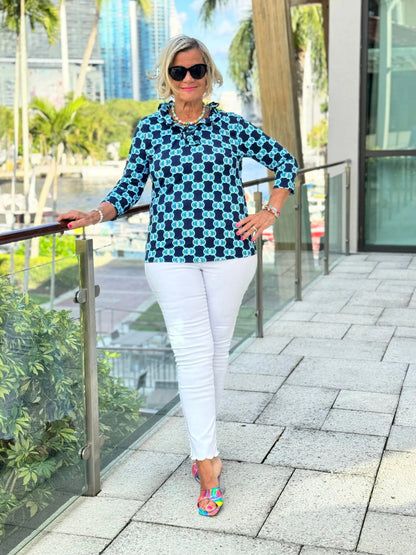 BLUE MEDALLION RUFFLE SLEEVE TOP