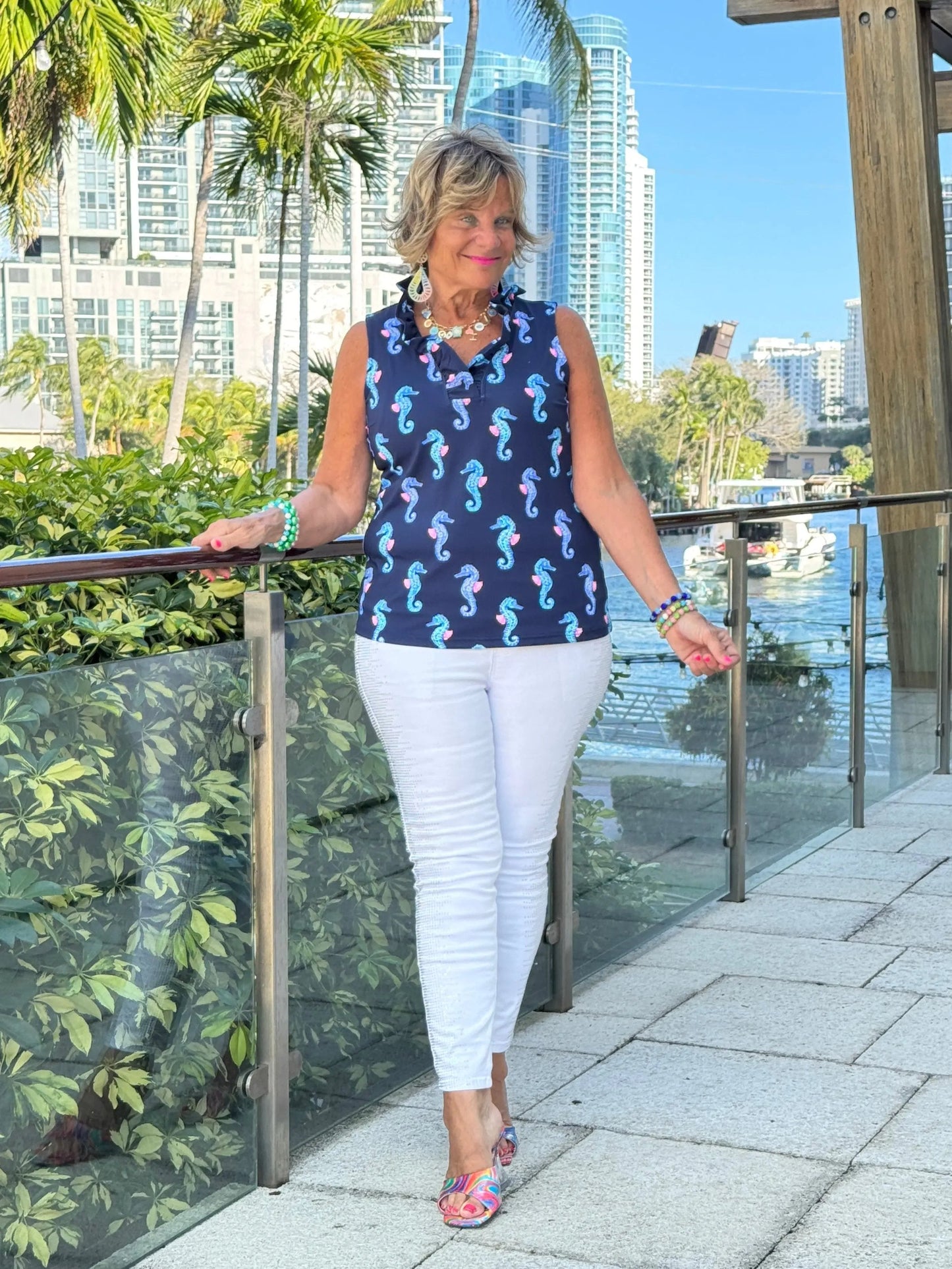 LULU B MIDNIGHT REEF SLEEVELESS RUFFLE TOP
