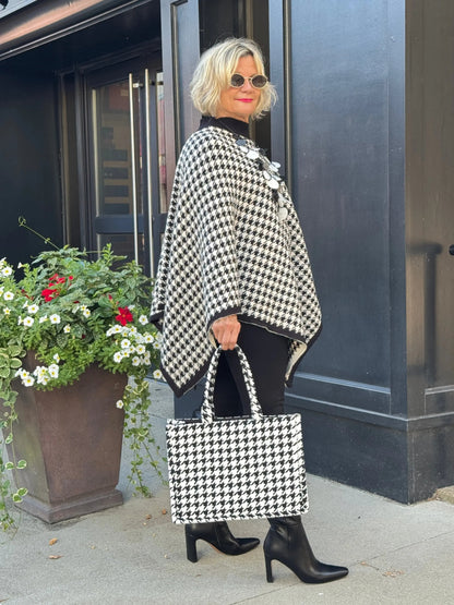 Houndstooth Knit Poncho Cape