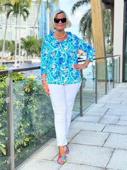 BLUE DREAMING HEARTS RUFFLE TOP