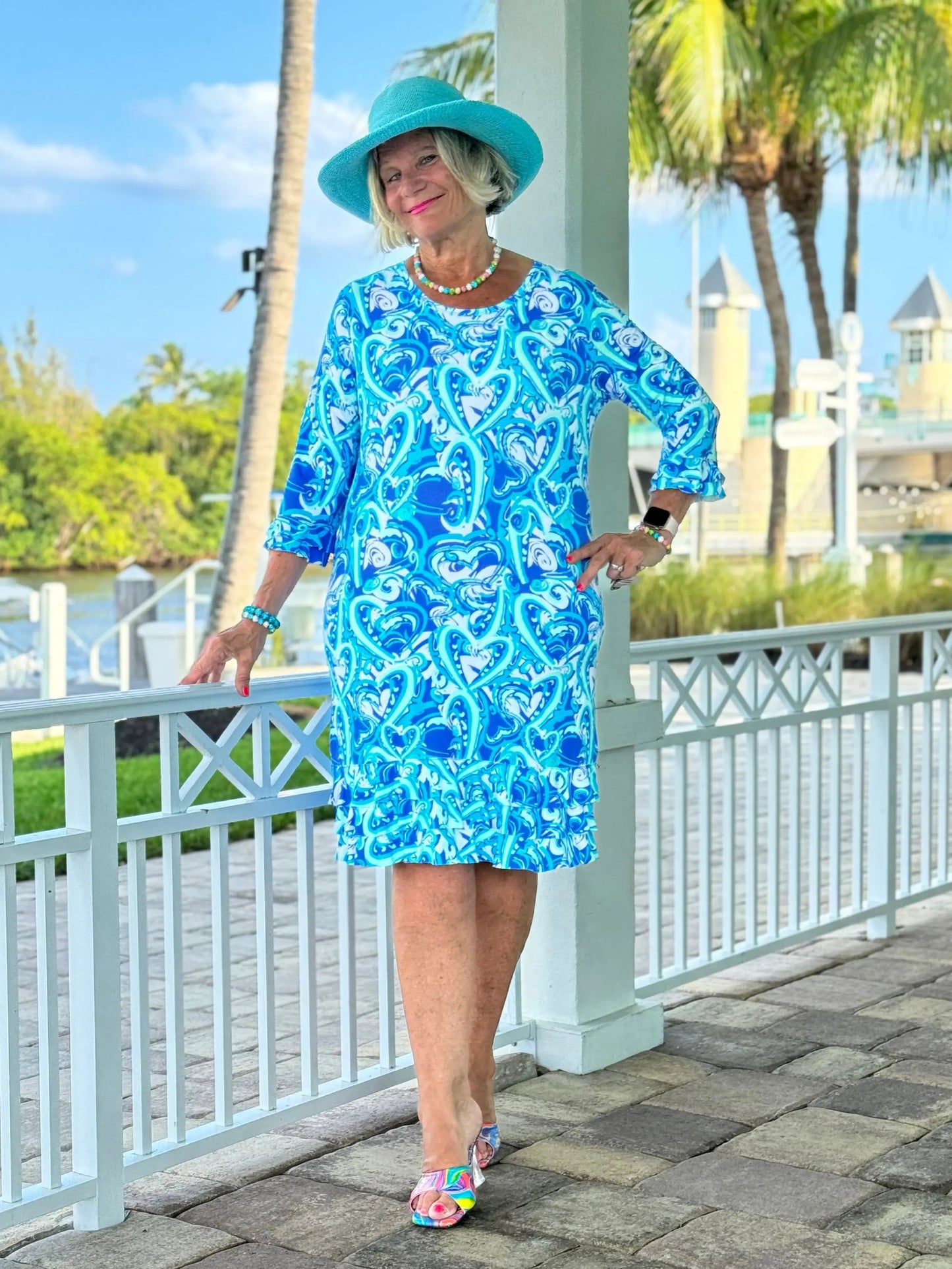 BLUE DREAMING HEARTS RUFFLE SLEEVE DRESS