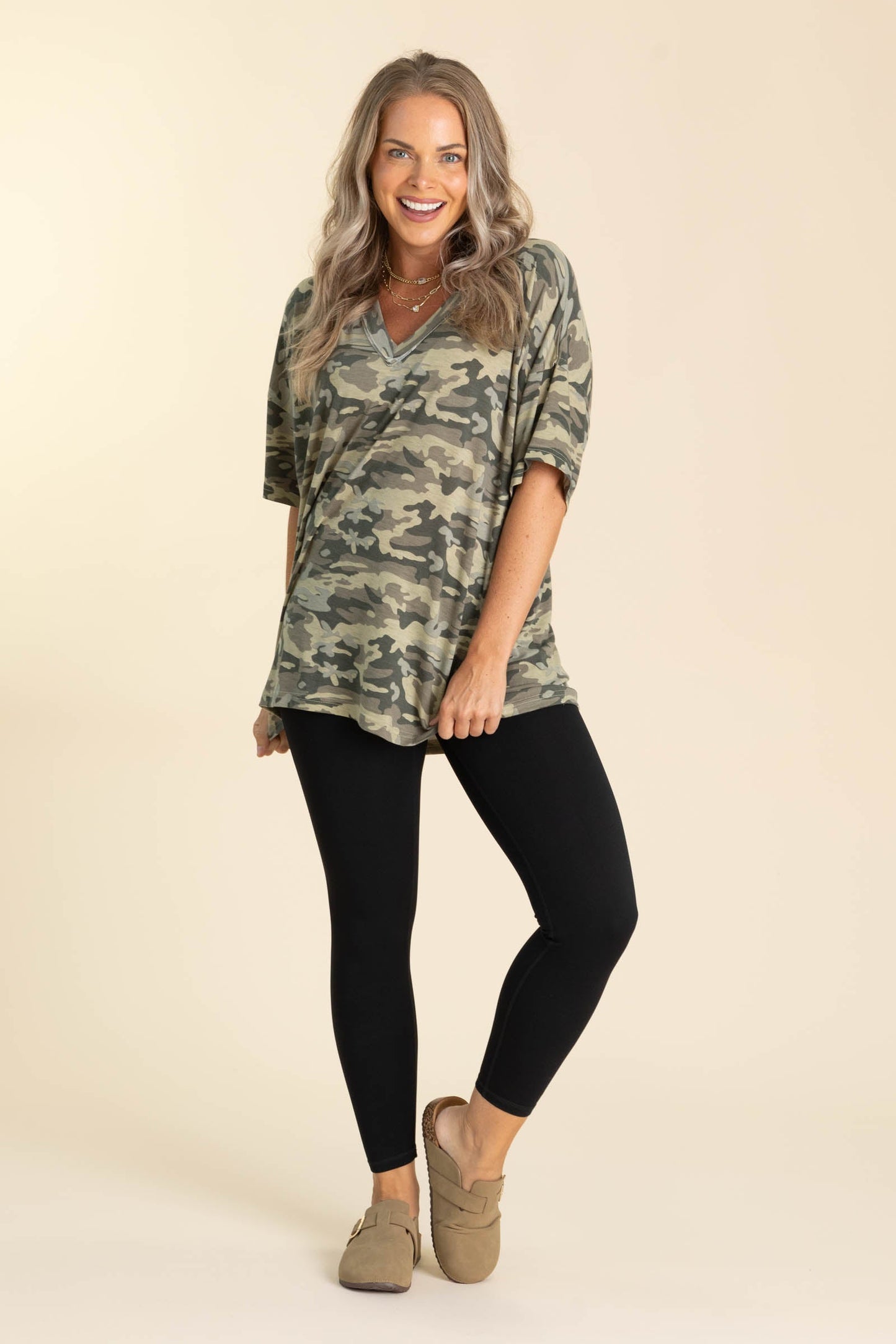 Camo V-Neck Oversized Knit Tee