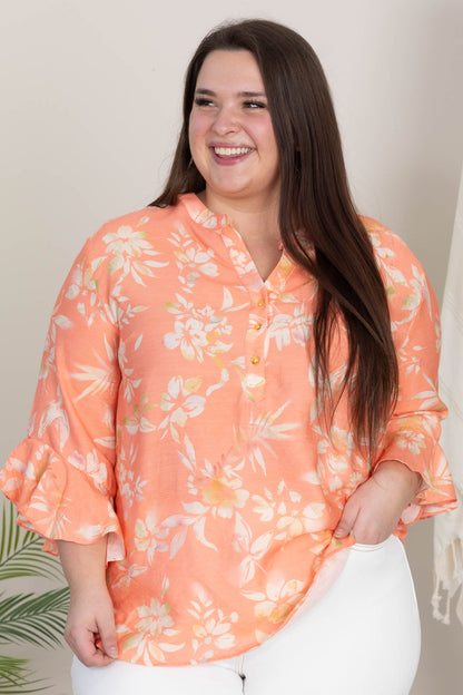Coral Ruffle Sleeve Floral Woven Top