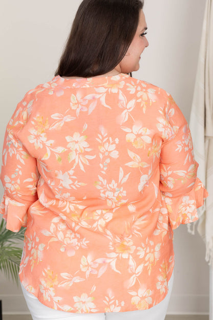 Coral Ruffle Sleeve Floral Woven Top