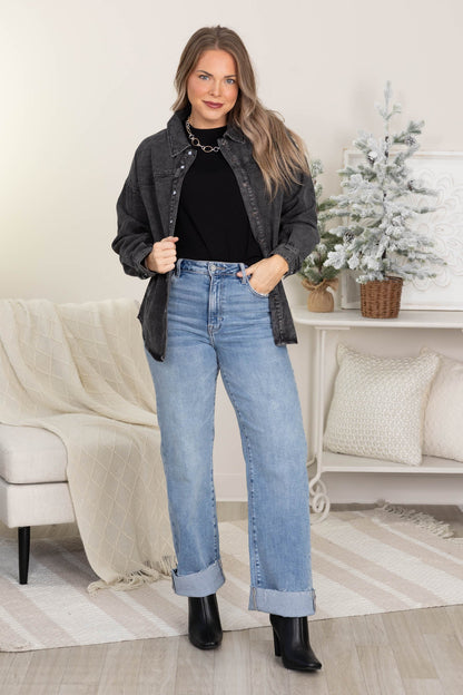 Charcoal Washed Denim Casual Button Up Top
