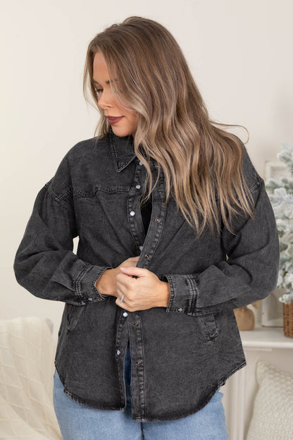 Charcoal Washed Denim Casual Button Up Top