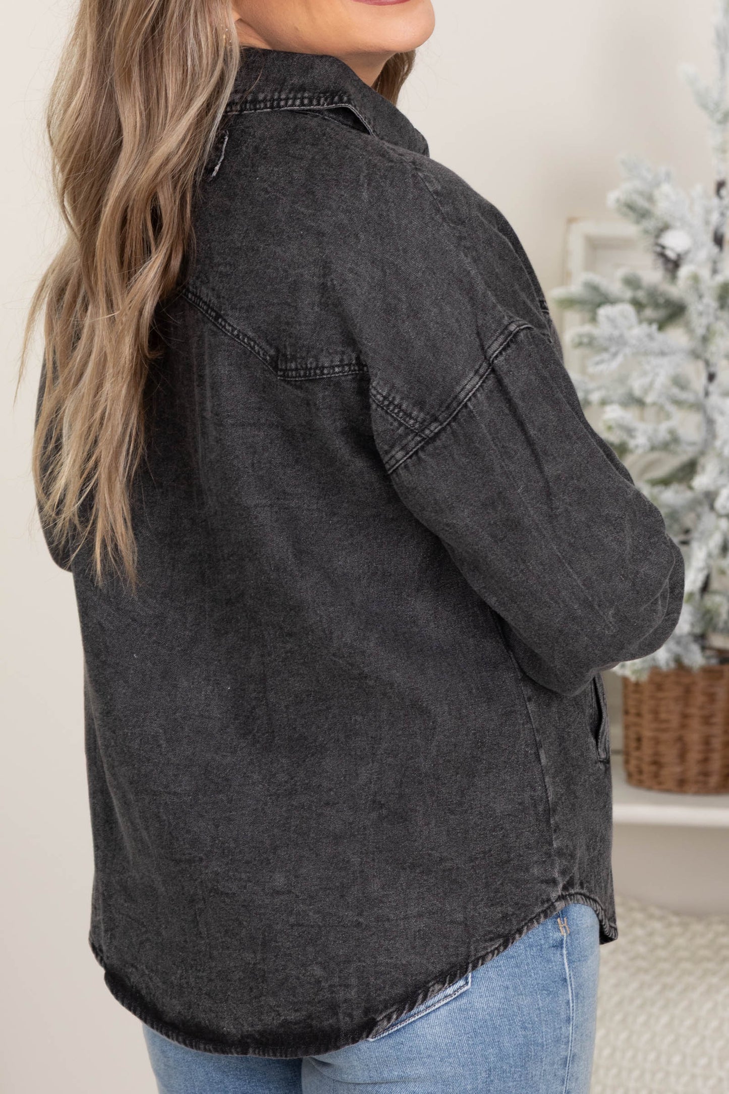 Charcoal Washed Denim Casual Button Up Top