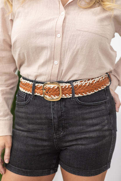Camel Crochet Trimmed Woven Leather Belt