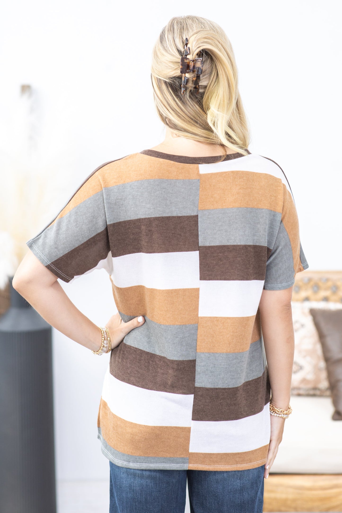 Brown And Grey Stripe Knit Top