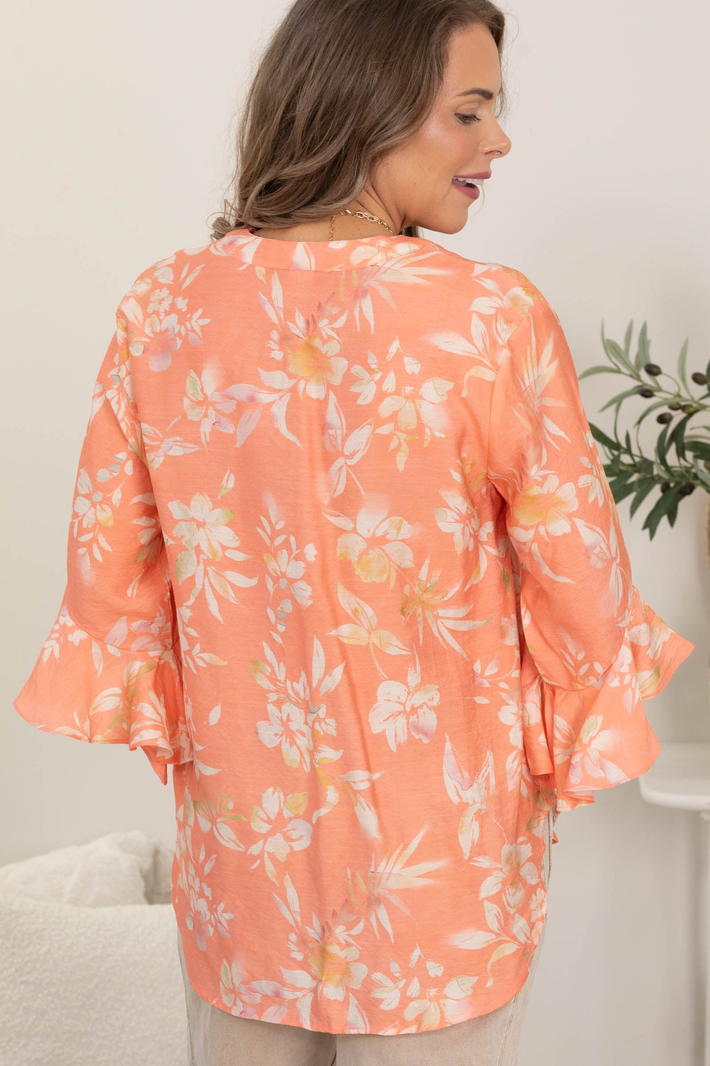 Coral Ruffle Sleeve Floral Woven Top