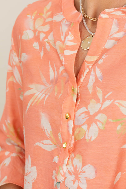 Coral Ruffle Sleeve Floral Woven Top