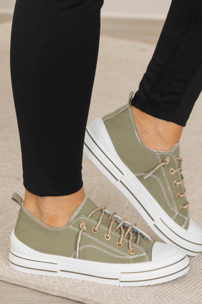 Canvas Platform Sneakers With Gold Sparkle Lace