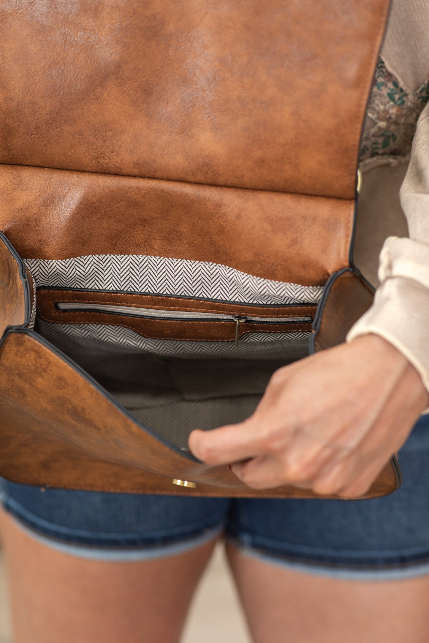 Cognac Crossbody Bag With Printed Strap