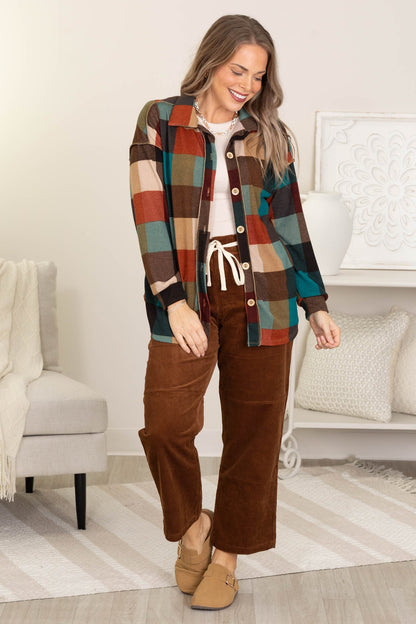 Brown Multicolor Checker Knit Shacket