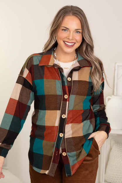 Brown Multicolor Checker Knit Shacket