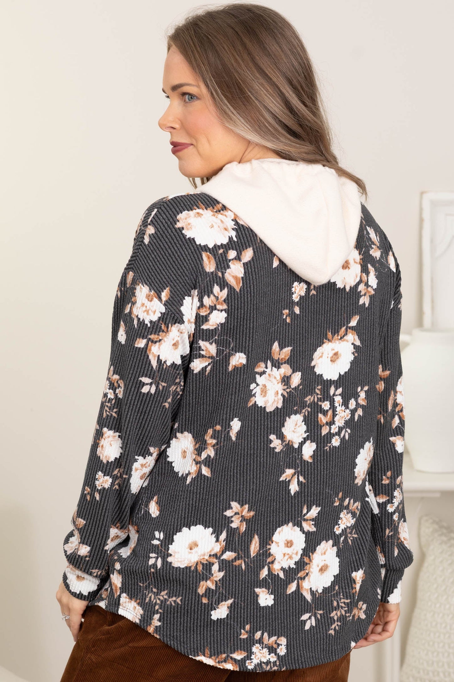 Charcoal Rib Knit Floral Shacket With Hood