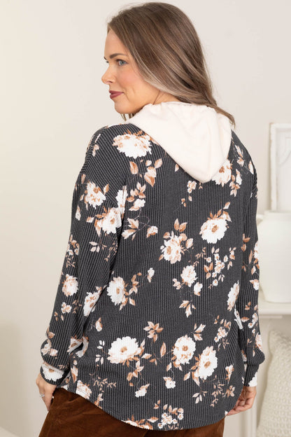 Charcoal Rib Knit Floral Shacket With Hood