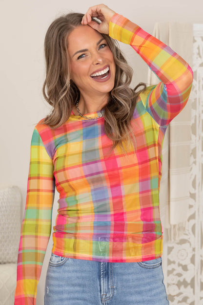 Colorful Plaid Print Mesh Long Sleeve Knit Top