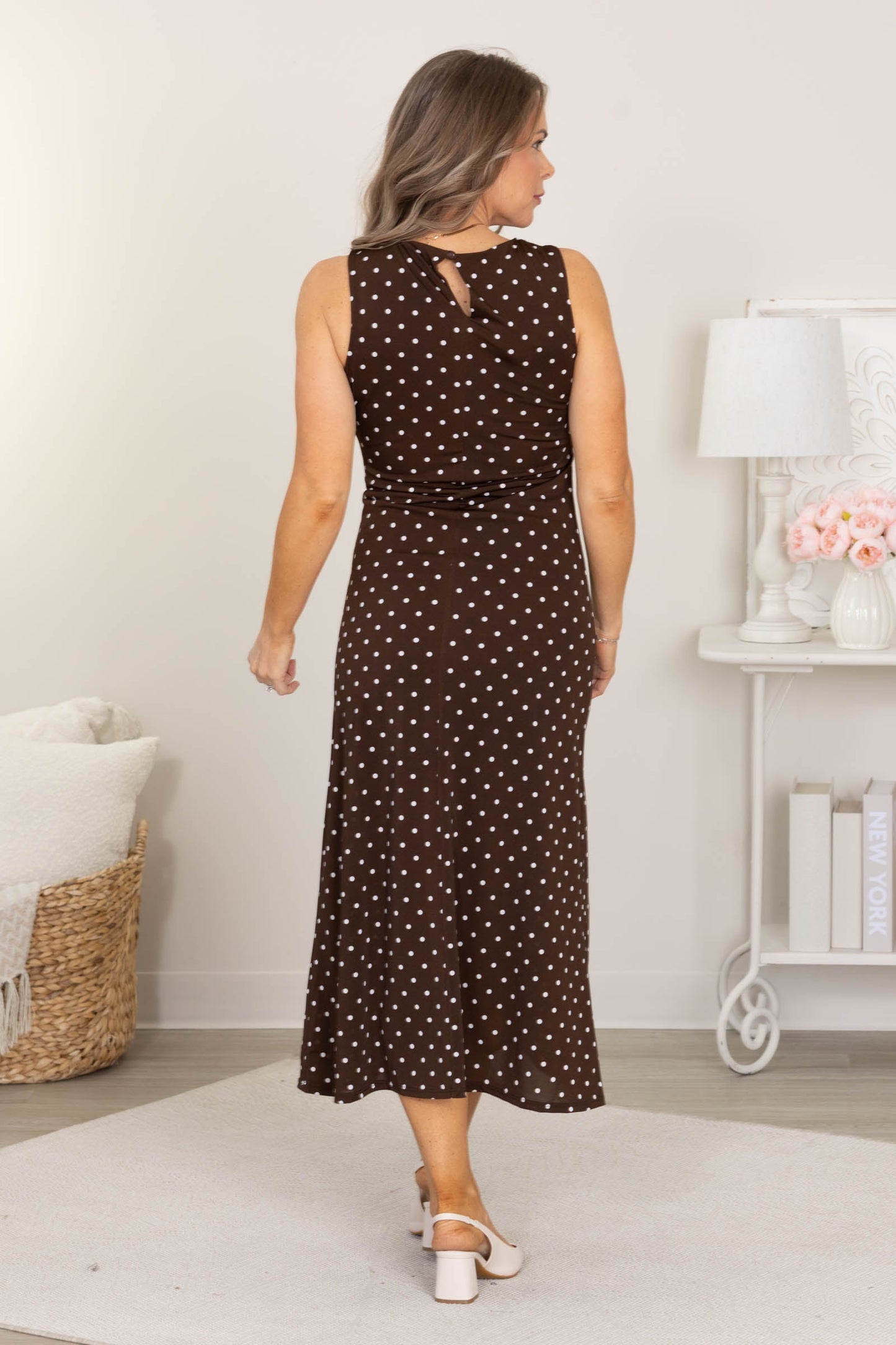 Brown And Ivory Polka Dot Gathered Side Midi Dress