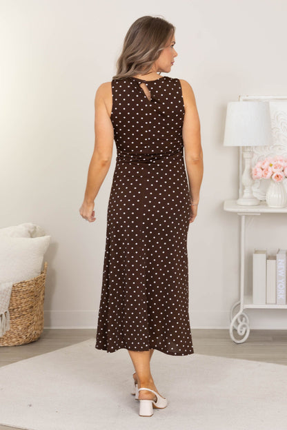 Brown And Ivory Polka Dot Gathered Side Midi Dress