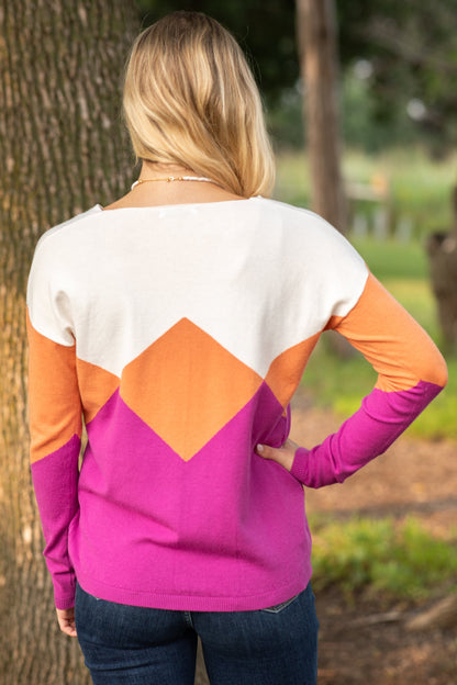 Colorblock Geometric Print V-Neck Sweater