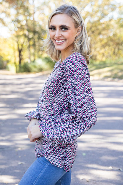 Burgundy Multicolor Geometric Print Top