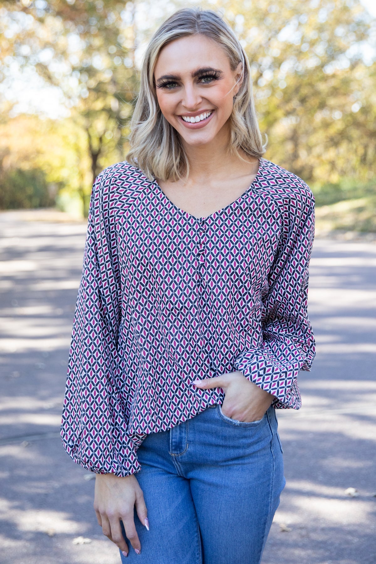 Burgundy Multicolor Geometric Print Top