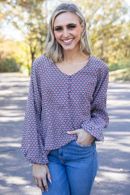 Burgundy Multicolor Geometric Print Top