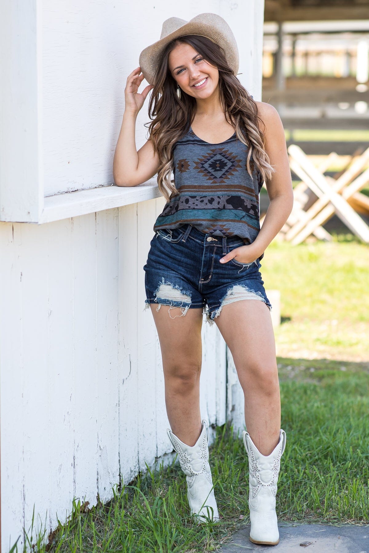 Charcoal Aztec Print Round Neck Tank