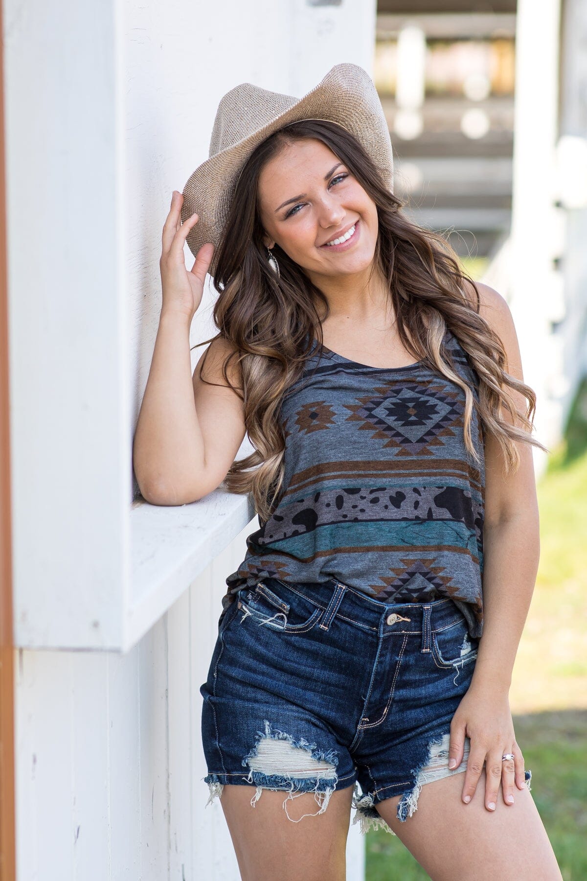 Charcoal Aztec Print Round Neck Tank
