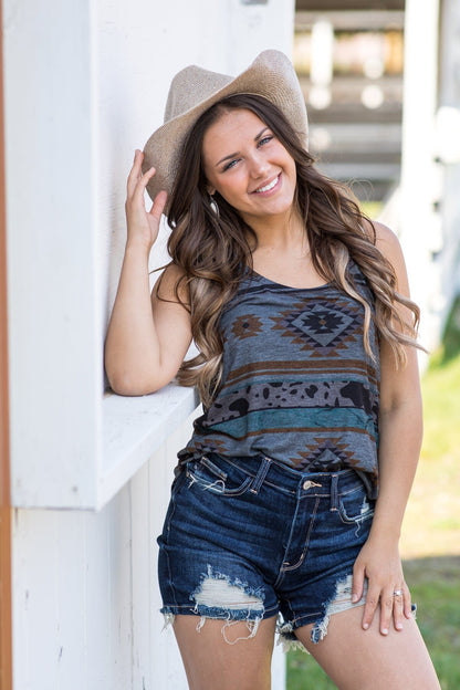 Charcoal Aztec Print Round Neck Tank