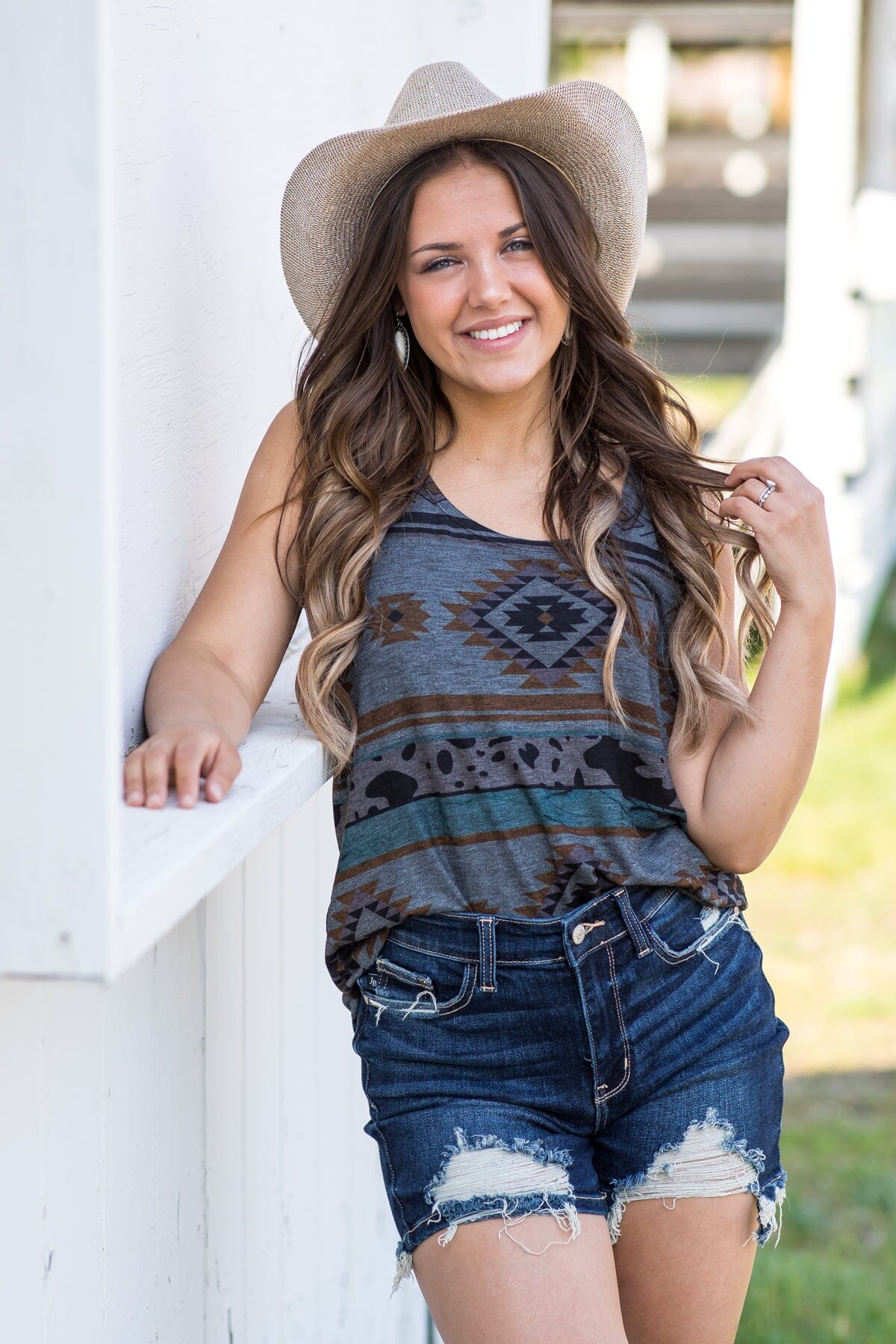 Charcoal Aztec Print Round Neck Tank